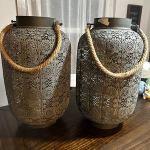Metal vases/Tin lanterns w/glass and candles. Set of 2
